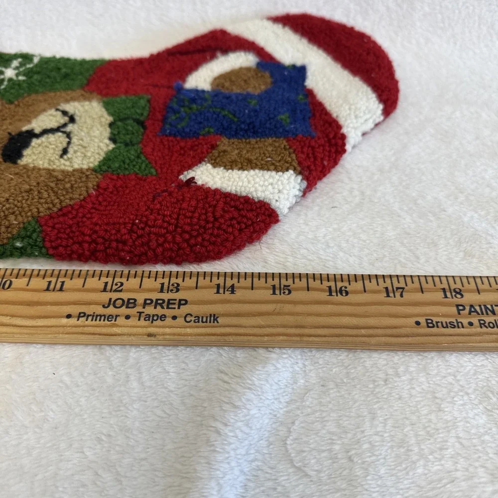 Vintage Style Hooked Wool Christmas Stocking Teddy Bear Santa Hat Snowflakes Red